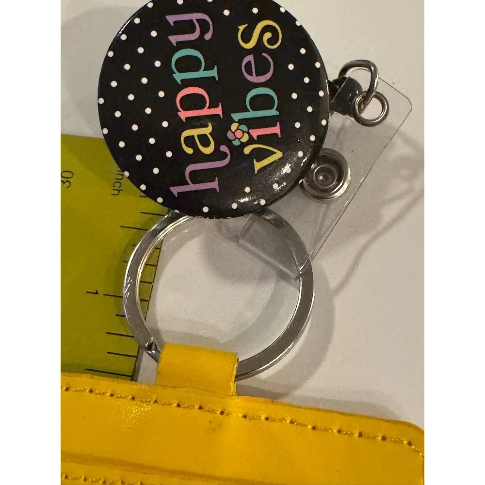 Boogee Beads Yellow Faux Leather Retractable Badge Reel ID Pocket Happy Vibes